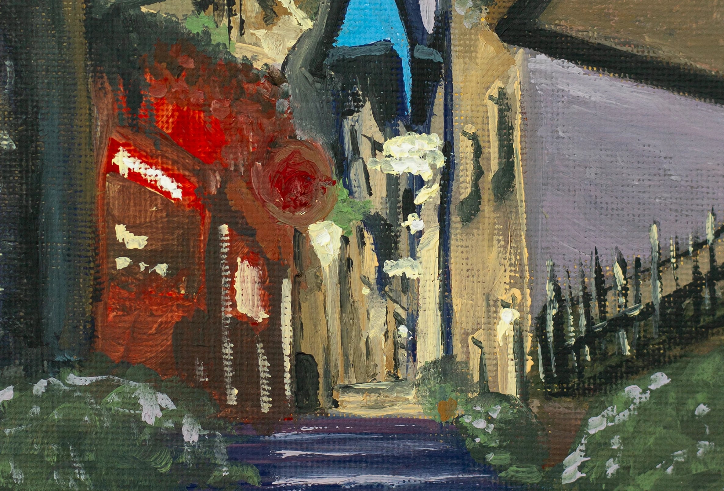 Detail of Street at dusk: a red-lit doorway and green shrubs at the foot of the steps, with an iron railing on the right.