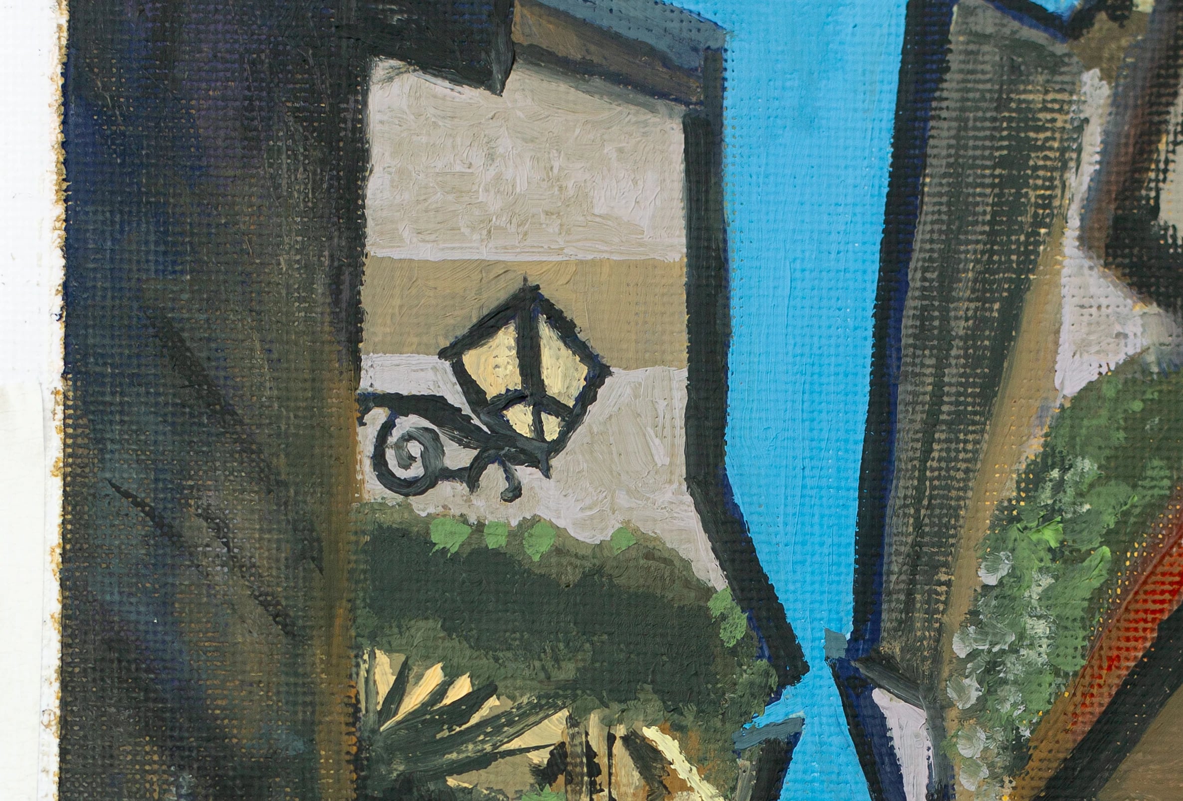 Detail of Street at dusk: a black wall lantern on a beige wall beside a slice of bright blue sky.