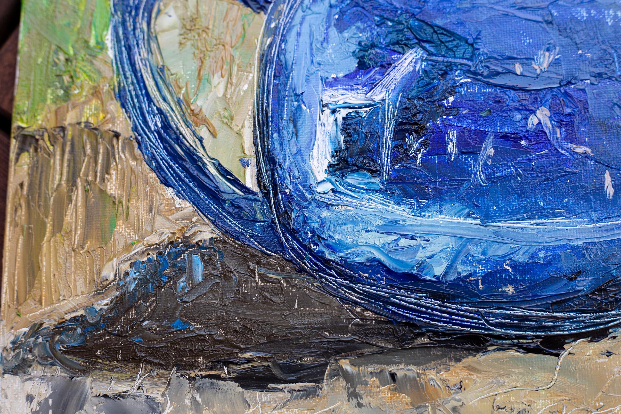 Close-up of the teapot's handle and base, showing ridged palette-knife strokes and a dark shadow.
