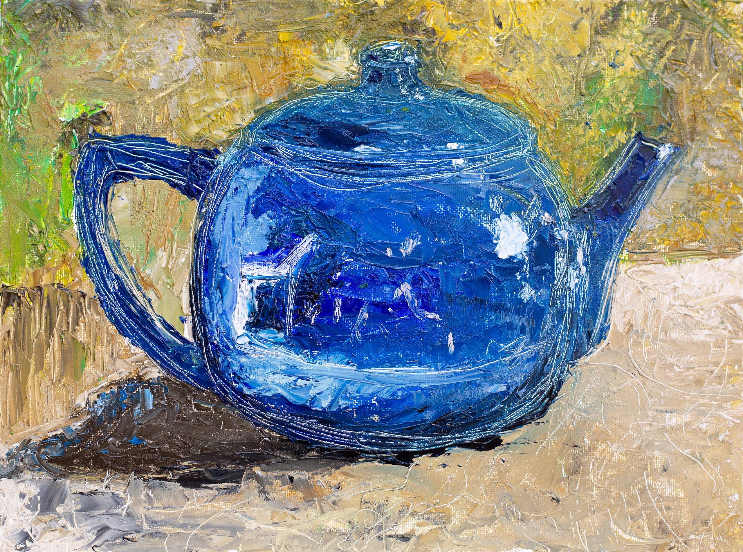 Thick palette-knife oil painting of a cobalt blue teapot casting a shadow on a sandy surface, with an ochre and green background.
