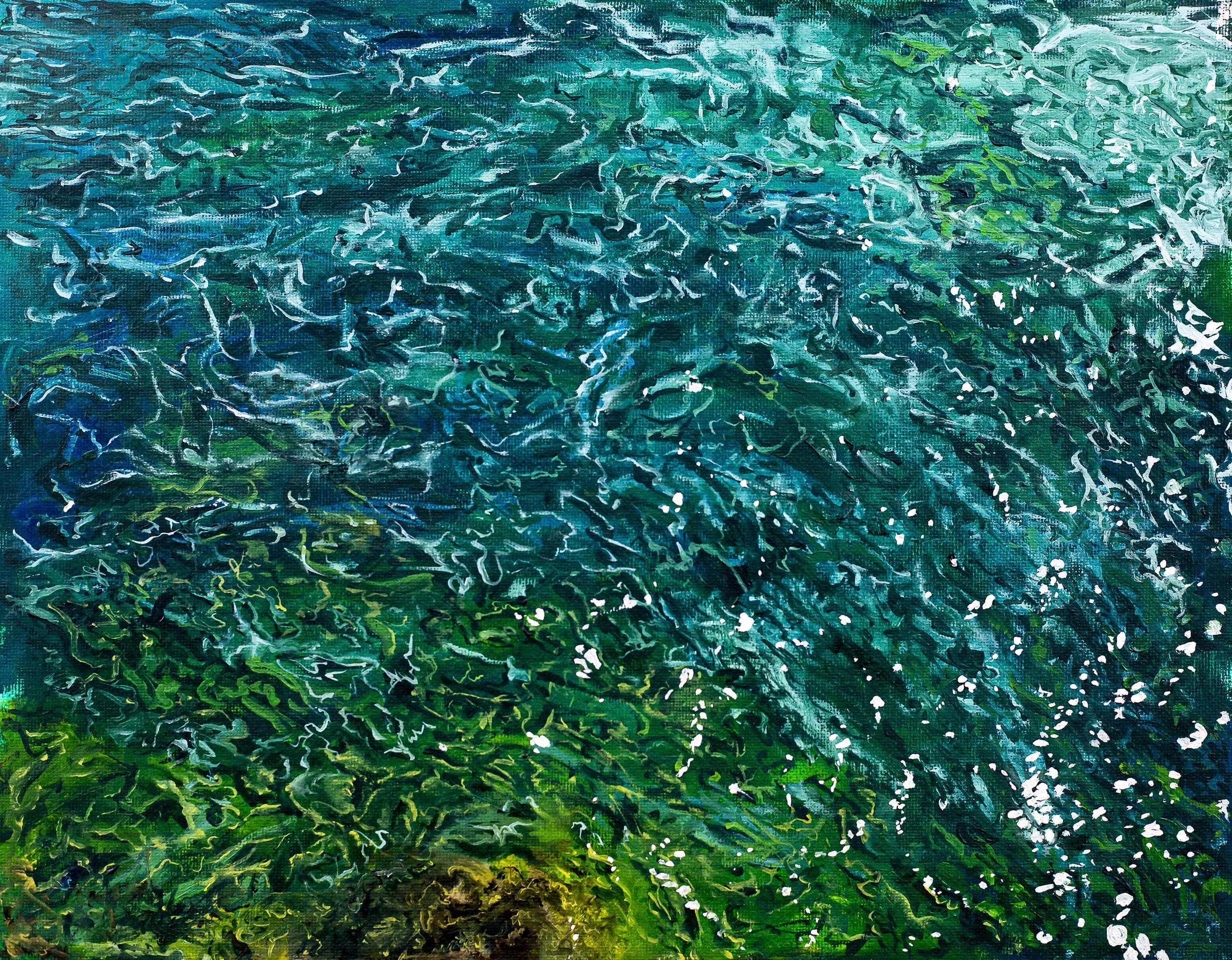 Oil painting of rippling water in deep teal and green, built from short textured strokes with flecks of white light.