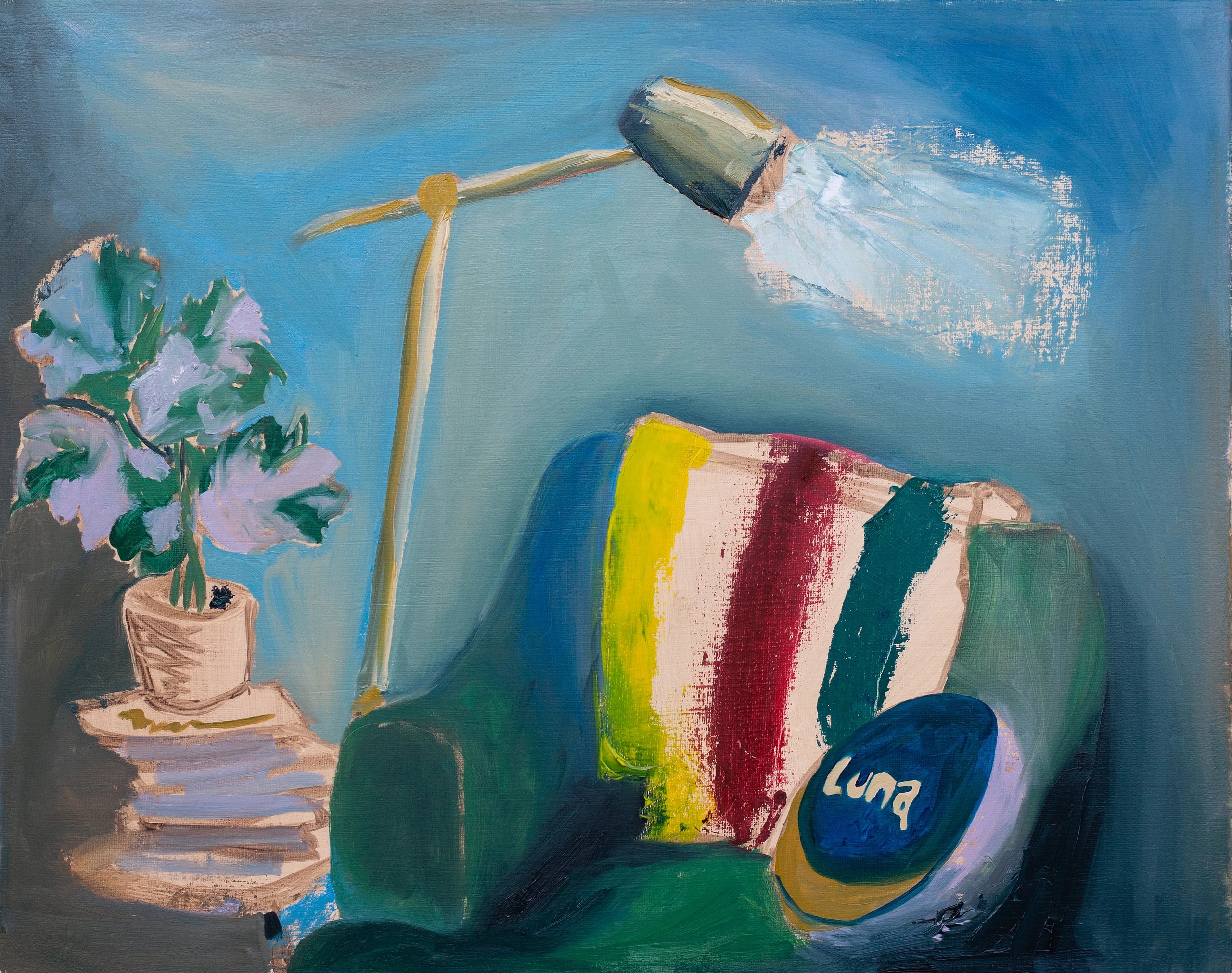Loose oil painting of a cozy corner: a desk lamp, potted plant on books, and a green armchair with a striped blanket and pillow.