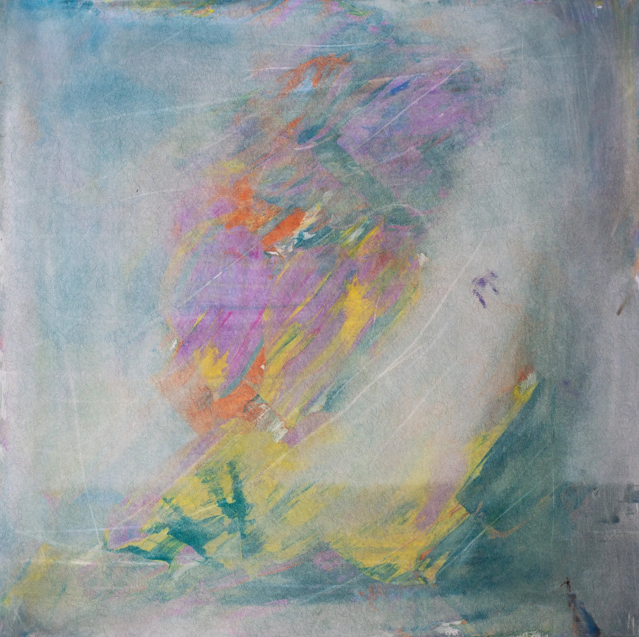Abstract oil painting of soft lavender, yellow, orange and teal strokes drifting across a misty grey-blue field.