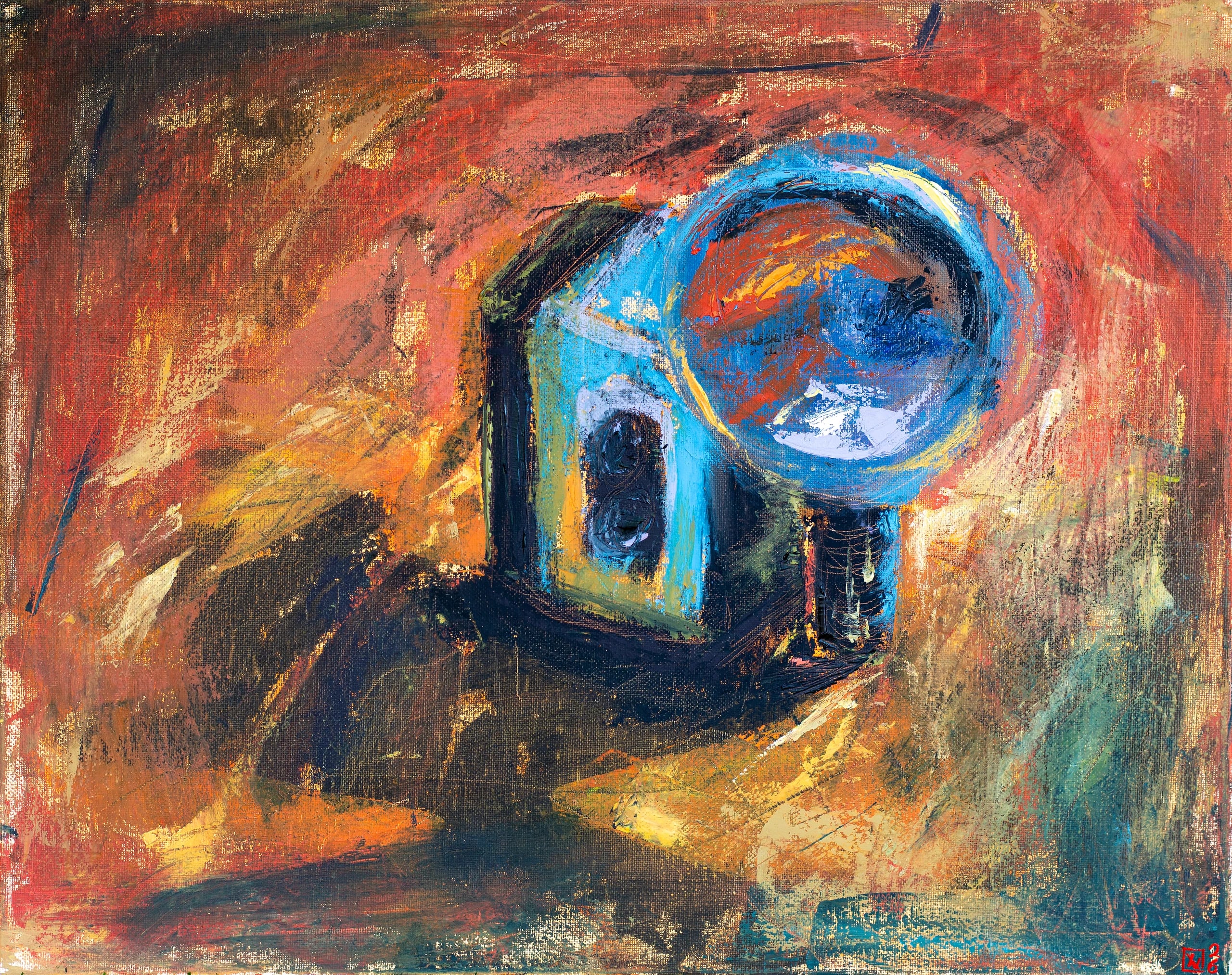 Expressive oil painting of a vintage camera in blues and black against swirling red, orange and gold brushwork.